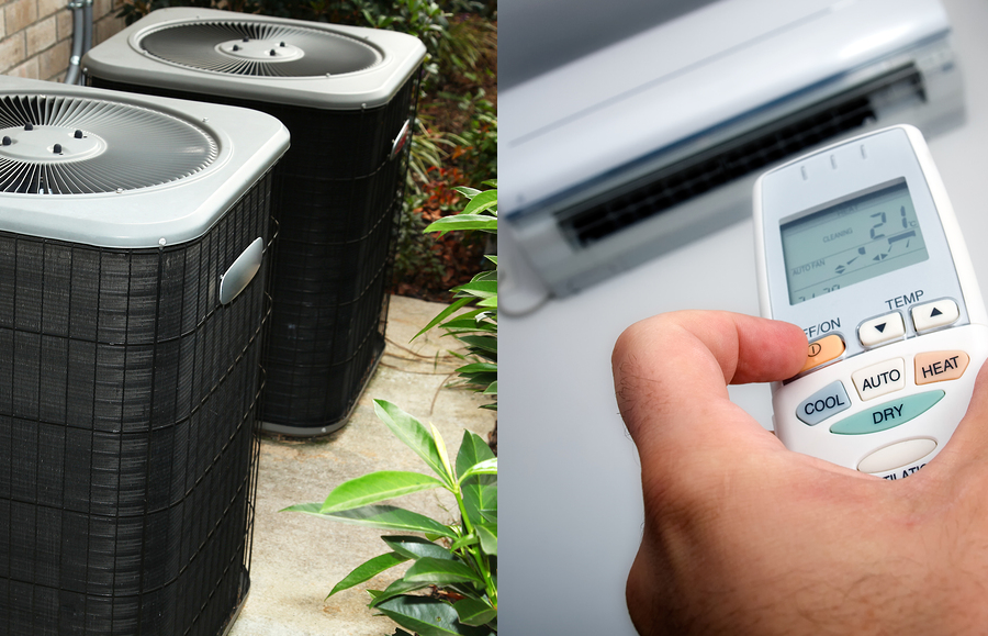 Central air conditioning units outdoors next to greenery and a hand holding a remote control for a ductless air conditioning system, illustrating options for home cooling solutions.