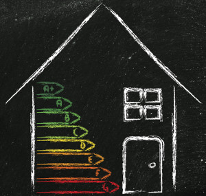 House illustration with energy efficiency rating labels A+ to G, highlighting energy efficiency considerations for air conditioning systems.