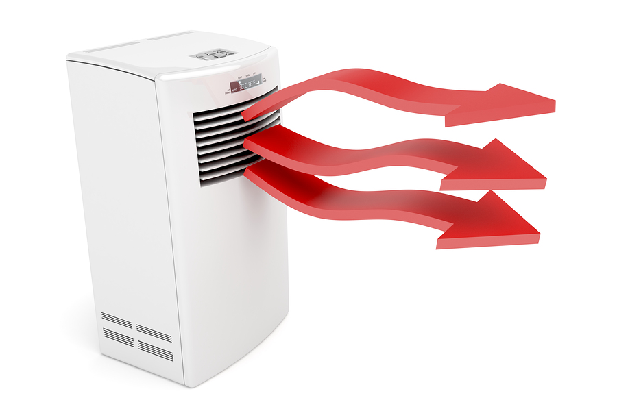 Air conditioning unit blowing hot air with red arrows indicating warm airflow, highlighting issues related to AC performance.