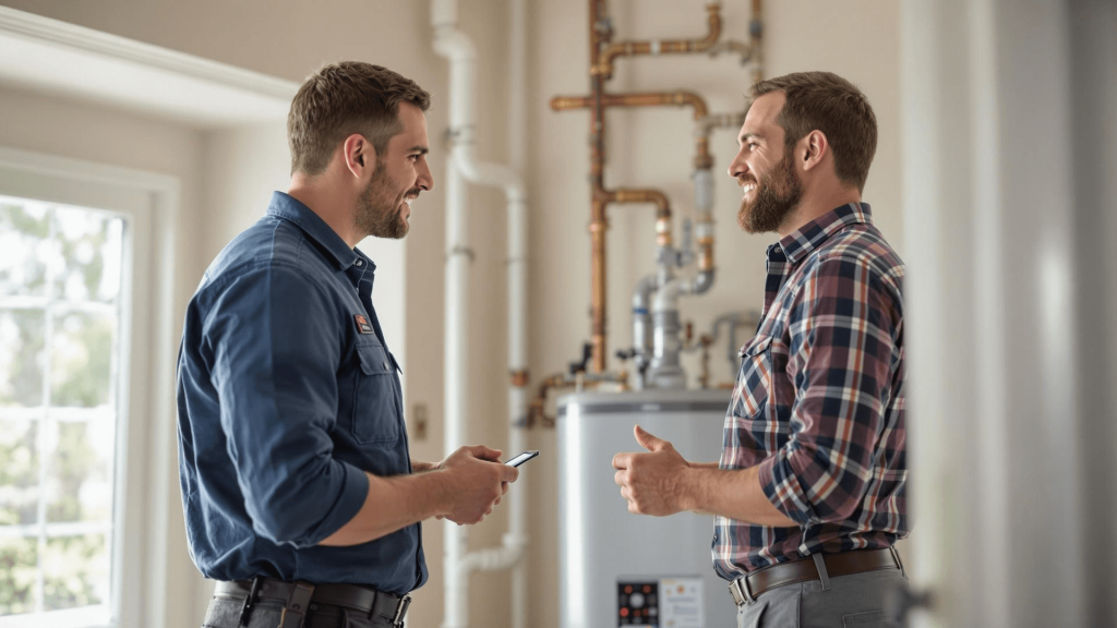 plumbing technician talking with homeowner after replacing their water heater with a new one.