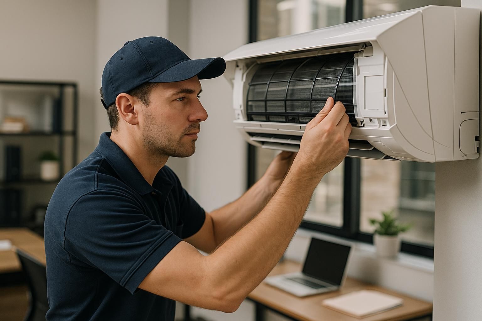 Technician installing a wall AC unit in a living room with toolbox nearby, air conditioning installation and services
