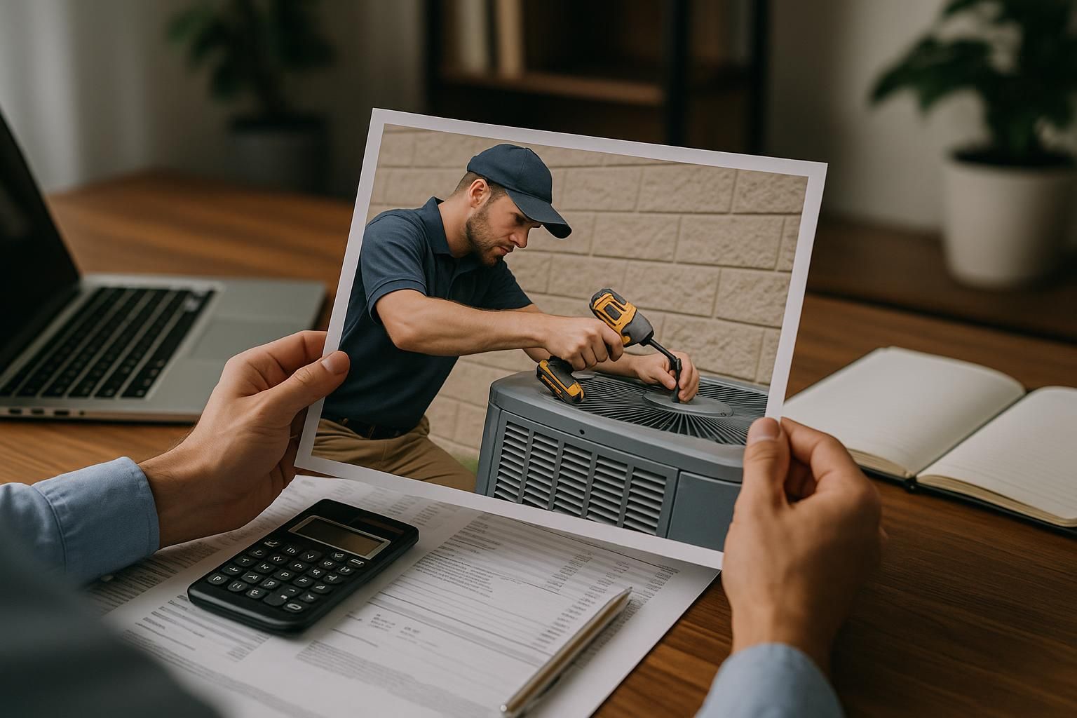 HVAC technician fitting wall-mounted air conditioner with toolkit, showcasing air conditioning installation services