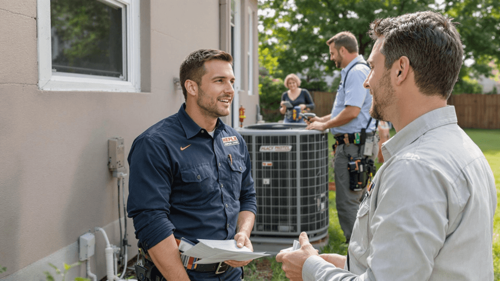 HVAC technicians talking with homeowners