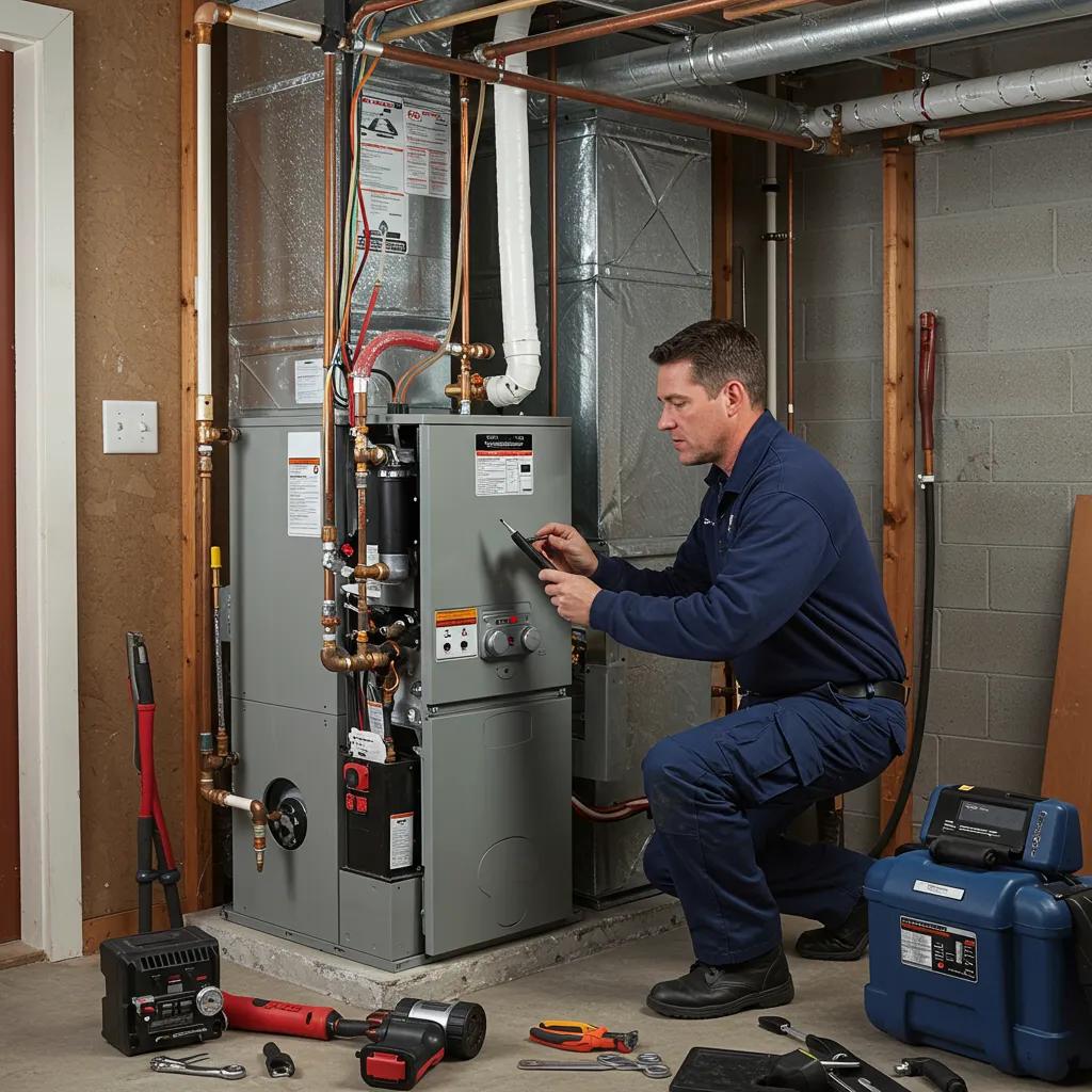 Technician inspecting a furnace in a home setting