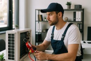 Technician in uniform performing ac repair & services on a wall-mounted air conditioner using tools in a bright living room