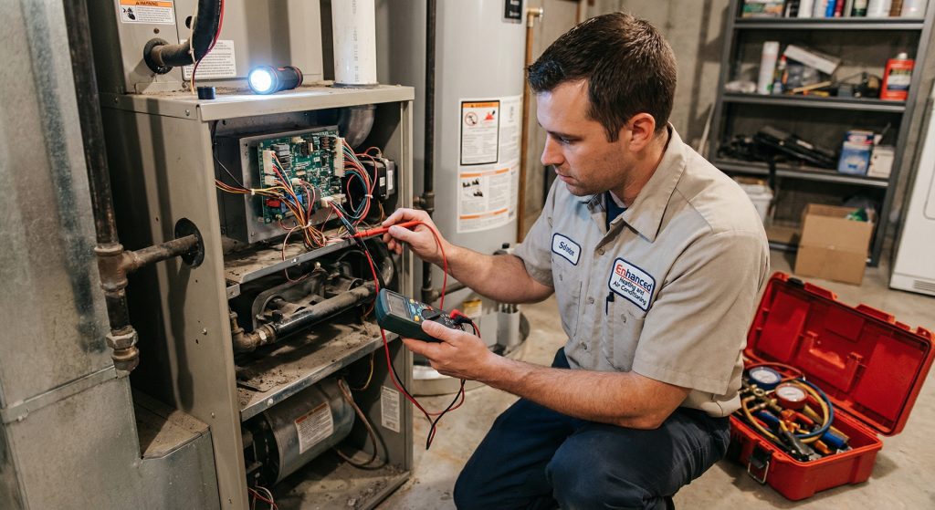 A professional HVAC technician replaces a dirty furnace filter while checking his schedule on a smartphone.