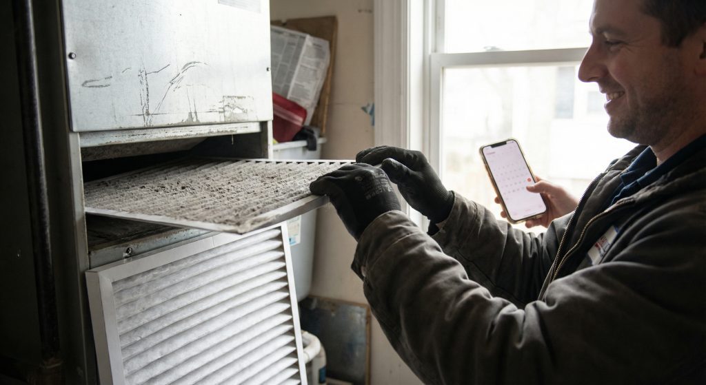 A certified heating specialist uses a multimeter to test electrical components inside a residential furnace.