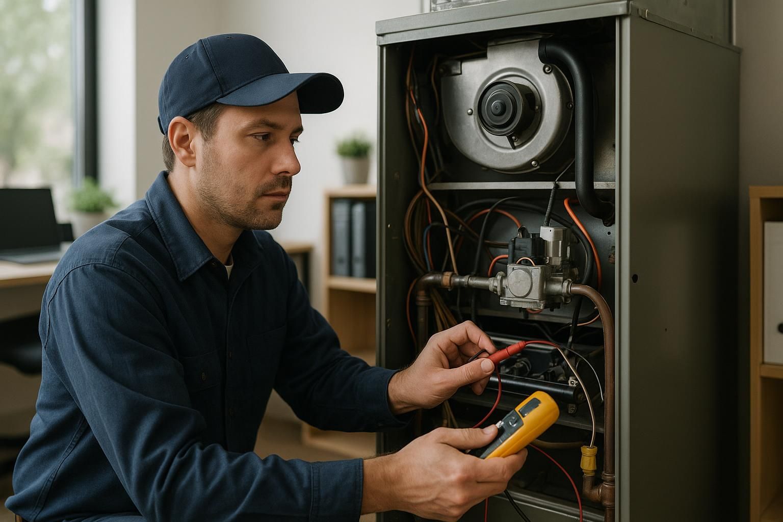 HVAC technician in blue uniform inspects a home furnace with tools for furnace repair & service in a sunlit basement.