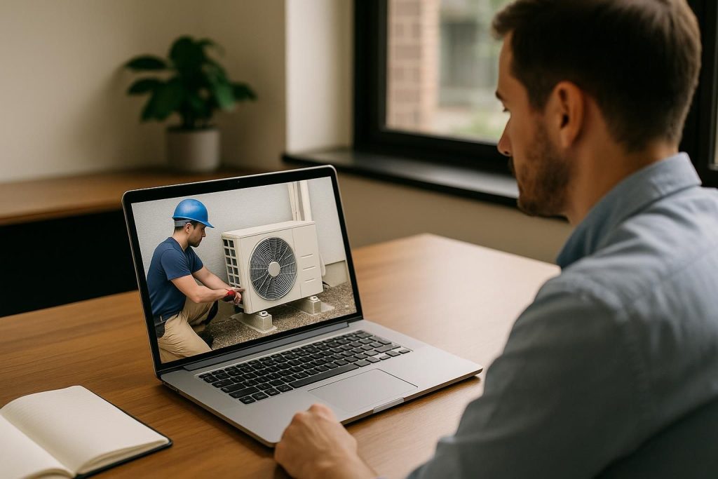 Technician mounts outdoor heat pump on a home wall using tools and manual, illustrating heat pump how to install process