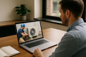Technician mounts outdoor heat pump on a home wall using tools and manual, illustrating heat pump how to install process