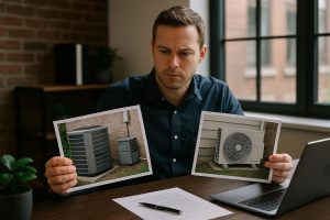 Side-by-side home cutaways compare heat pump vs hvac units, showing ducts, coils and arrows for heating and cooling