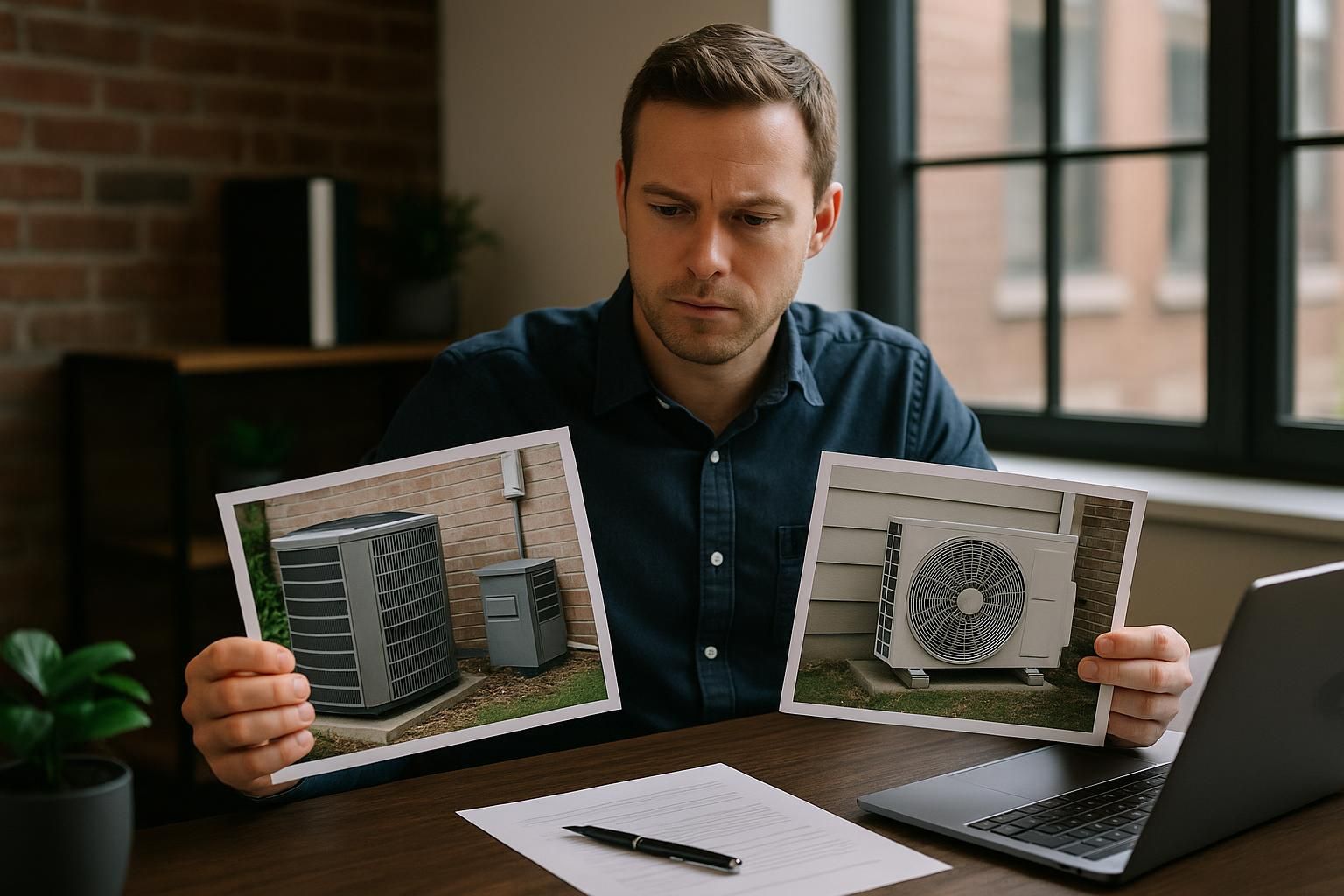 Side-by-side home cutaways compare heat pump vs hvac units, showing ducts, coils and arrows for heating and cooling