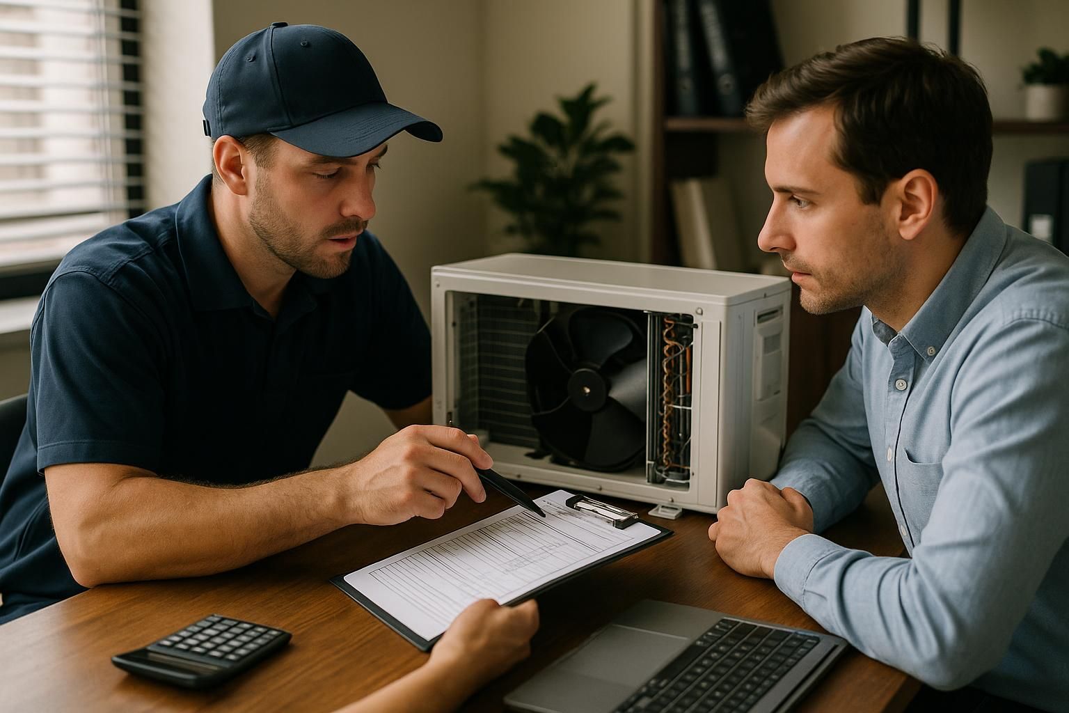 Technician in overalls using gauges on an indoor ac unit, illustrating expert ac repair service for home comfort