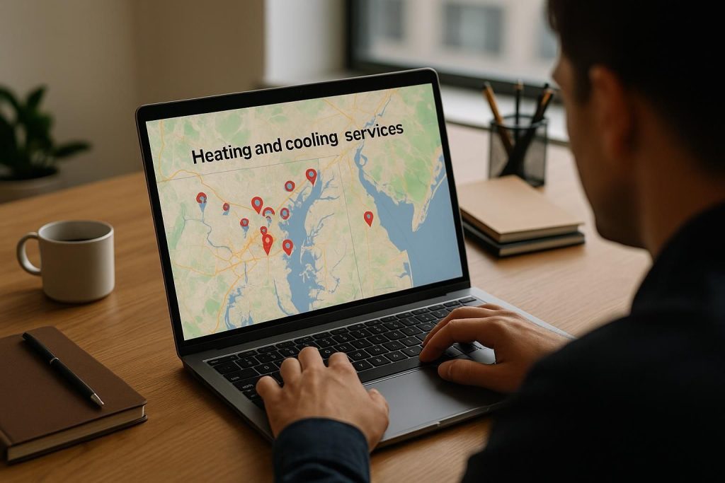 Home HVAC technician with wrench and phone showing map pin for heating and cooling services near me
