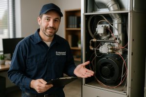 Technician inspecting furnace for furnace maintenance service with tools arranged in a bright utility room.