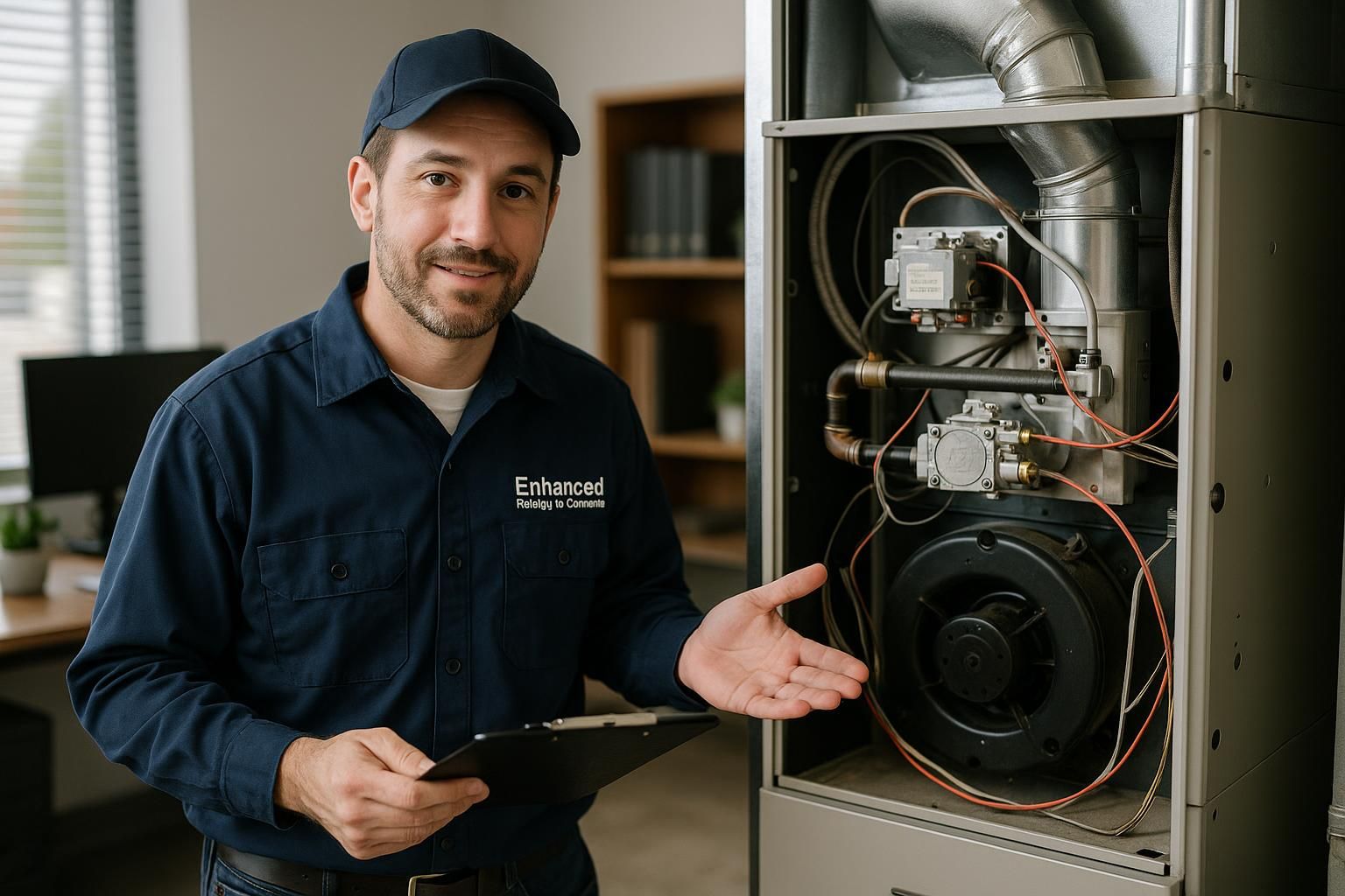 Technician inspecting furnace for furnace maintenance service with tools arranged in a bright utility room.