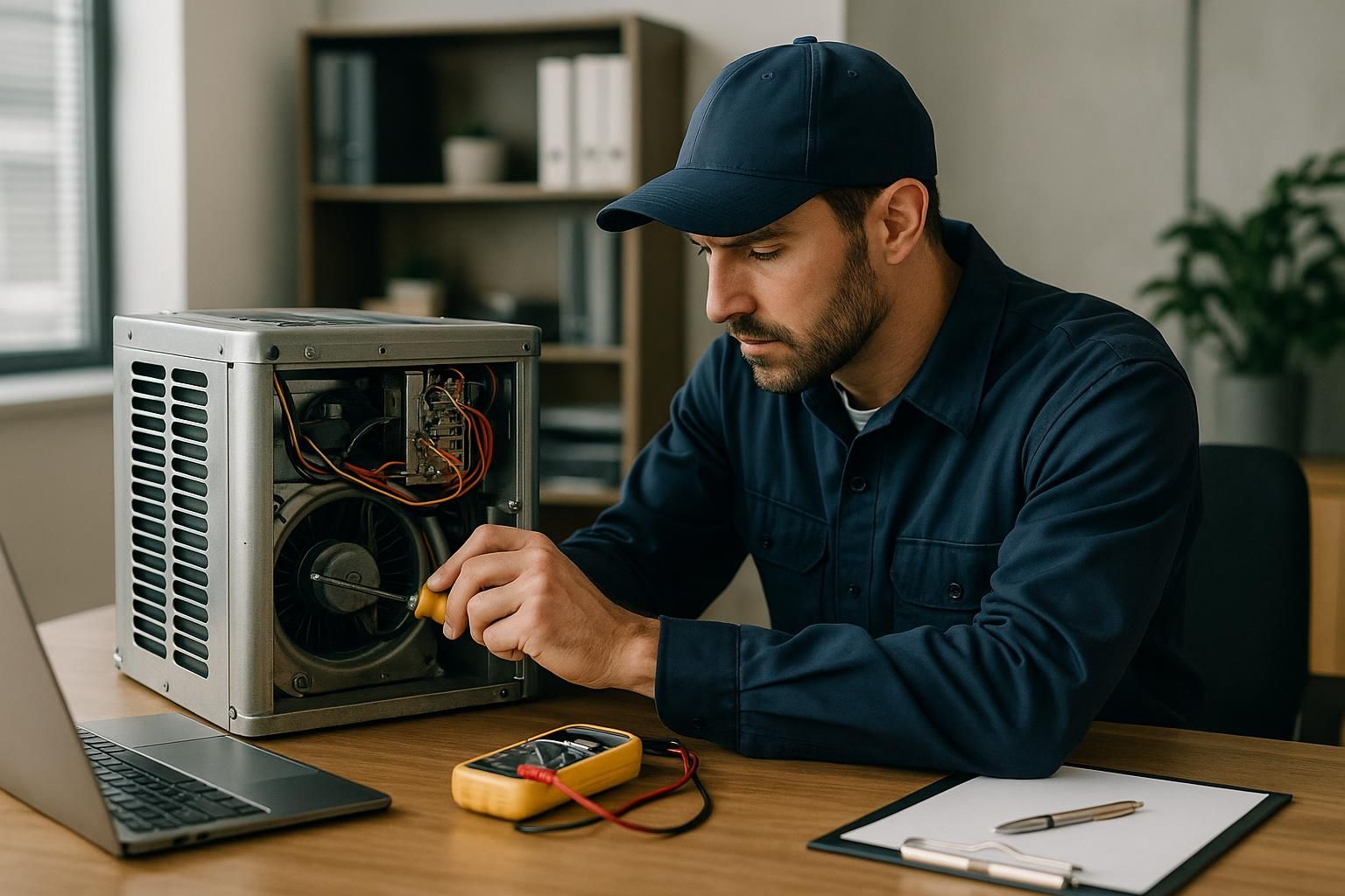 Uniformed technician using manifold gauges to check a rooftop HVAC unit, showcasing professional hvac repair service.