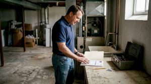 Homeowner reviews paperwork in basement HVAC area