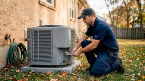 Technician servicing residential HVAC unit outdoors