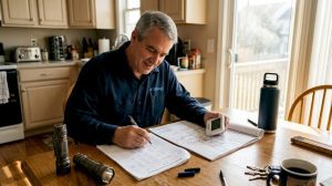 HVAC technician calculating home load at kitchen table