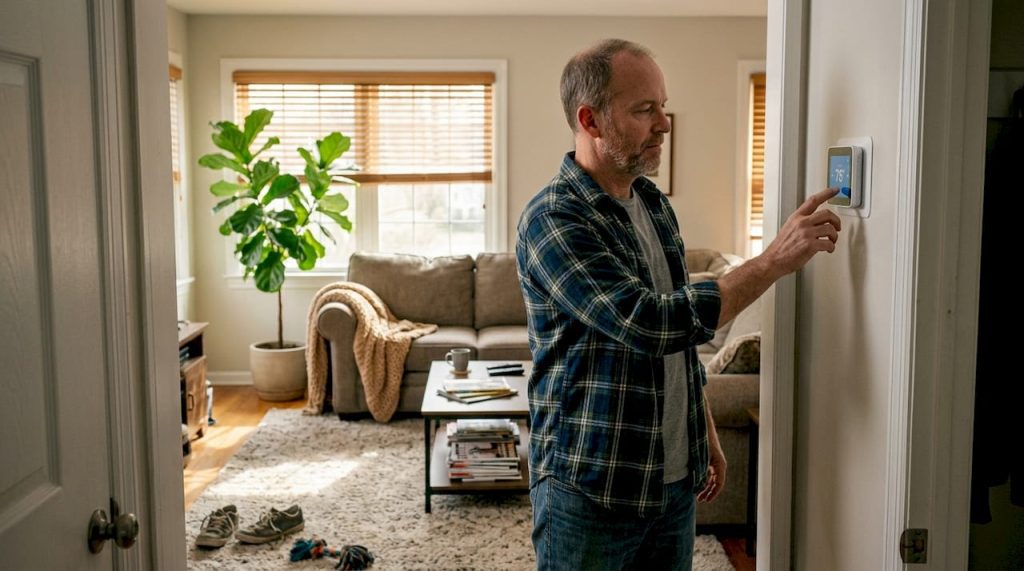 Homeowner adjusting thermostat in lived-in living room