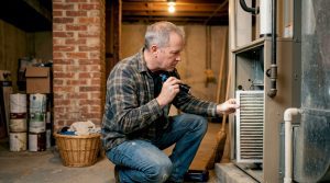 Homeowner checking heat pump in basement