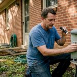 Homeowner inspecting outdoor HVAC unit