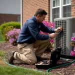Technician repairs AC beside Newark brick home