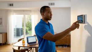 Homeowner adjusting central air control in dining room