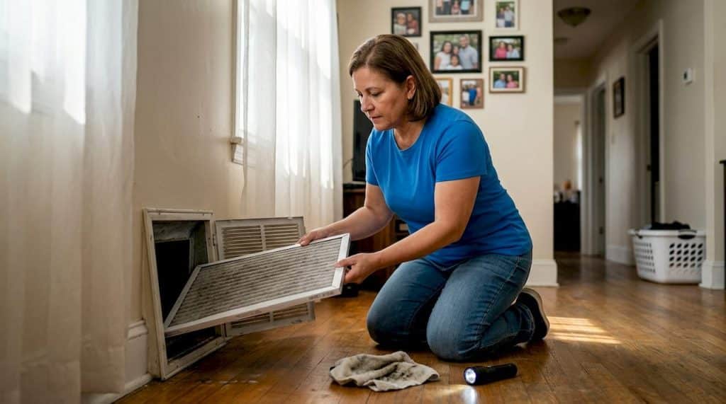 Homeowner changing filthy HVAC filter
