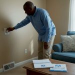 Homeowner adjusting thermostat in Newark living room