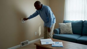 Homeowner adjusting thermostat in Newark living room