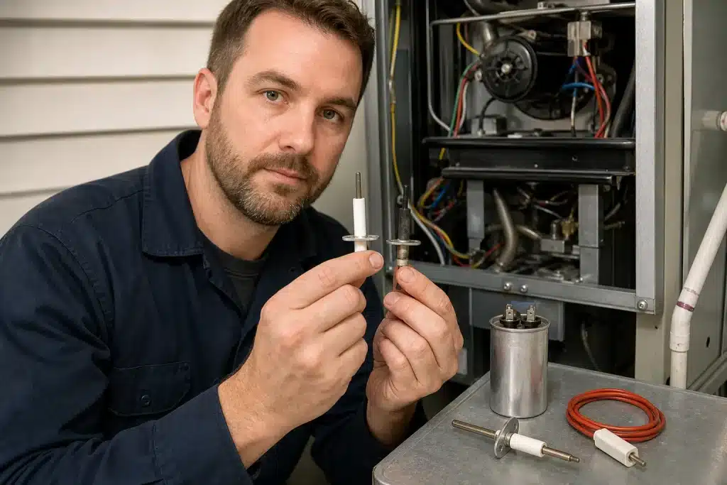 Common furnace repair parts including igniter and flame sensor laid out for comparison
