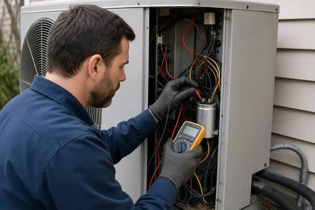 HVAC technician testing capacitor inside heat pump with diagnostic meter